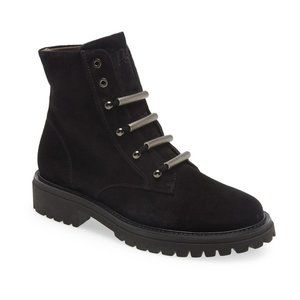 $550 PAUL GREEN KERI BOOT COMBAT MOTO HARDWARE BLACK SUEDE 6.5 (TC19)